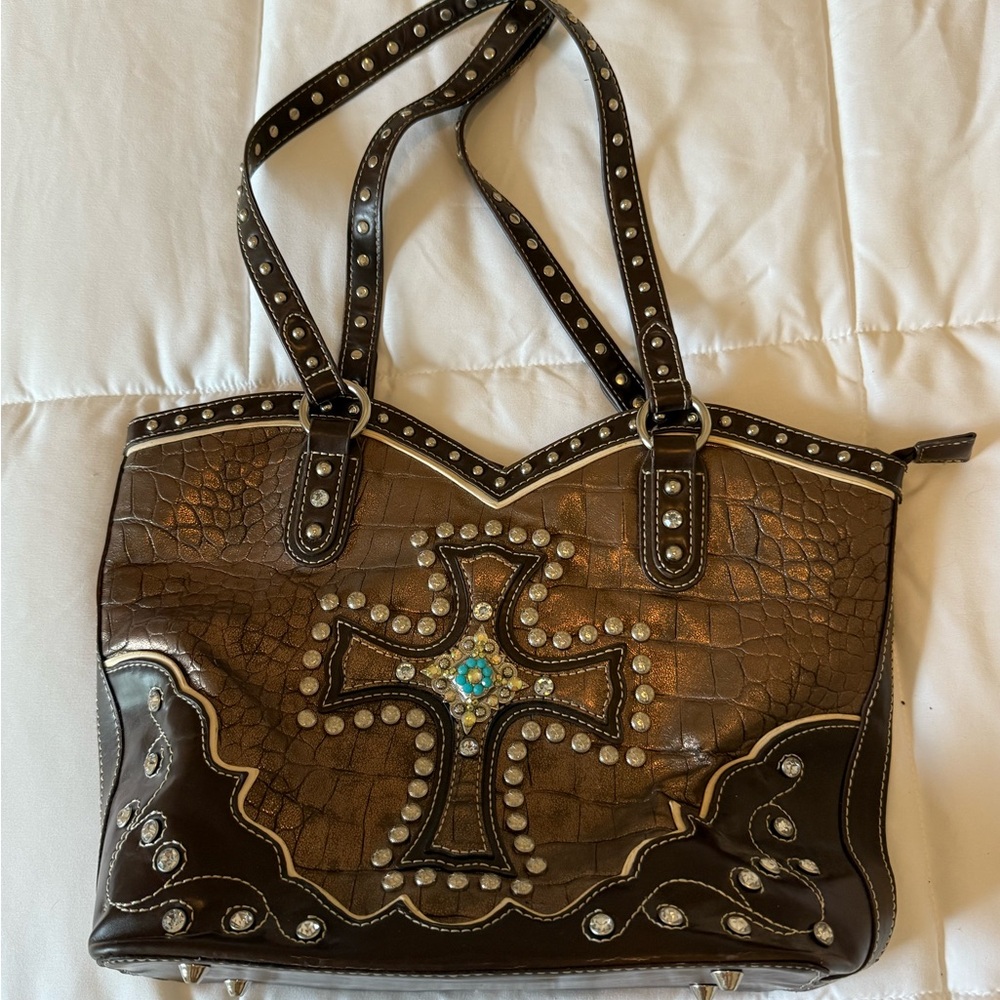 Blazin Roxx Brown Studded Purse Cross Turquoise Western Cowgirl Full Size